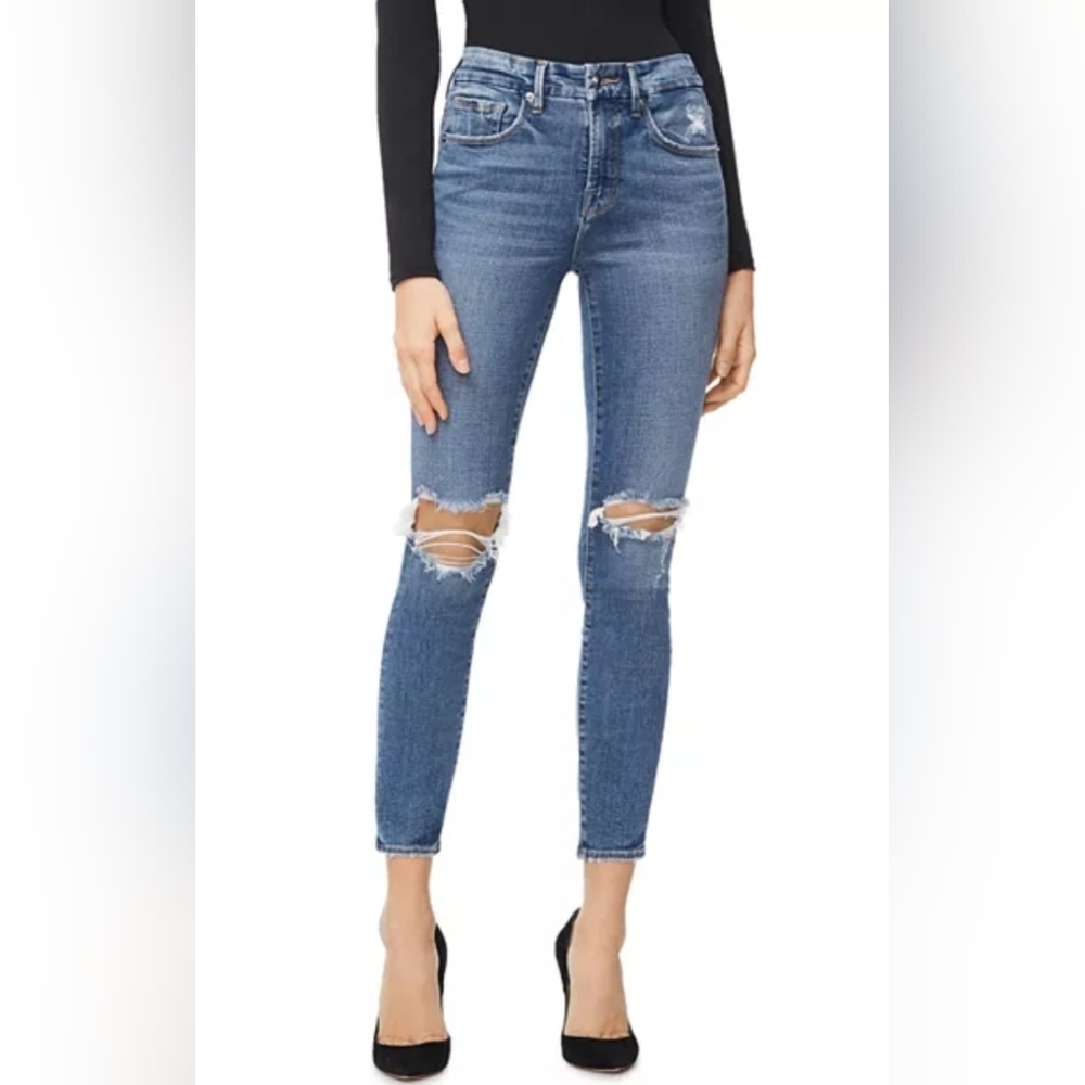 Good American Good Legs High Rise Ripped Skinny Crop Jeans in Blue261 SIZE 8